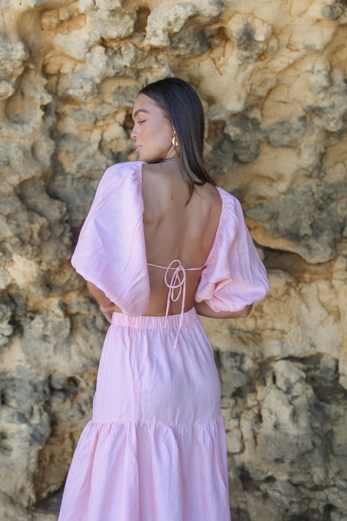 The Ease Zephyr skirt peony pink, linen tiered maxi skirt in soft pastel pink