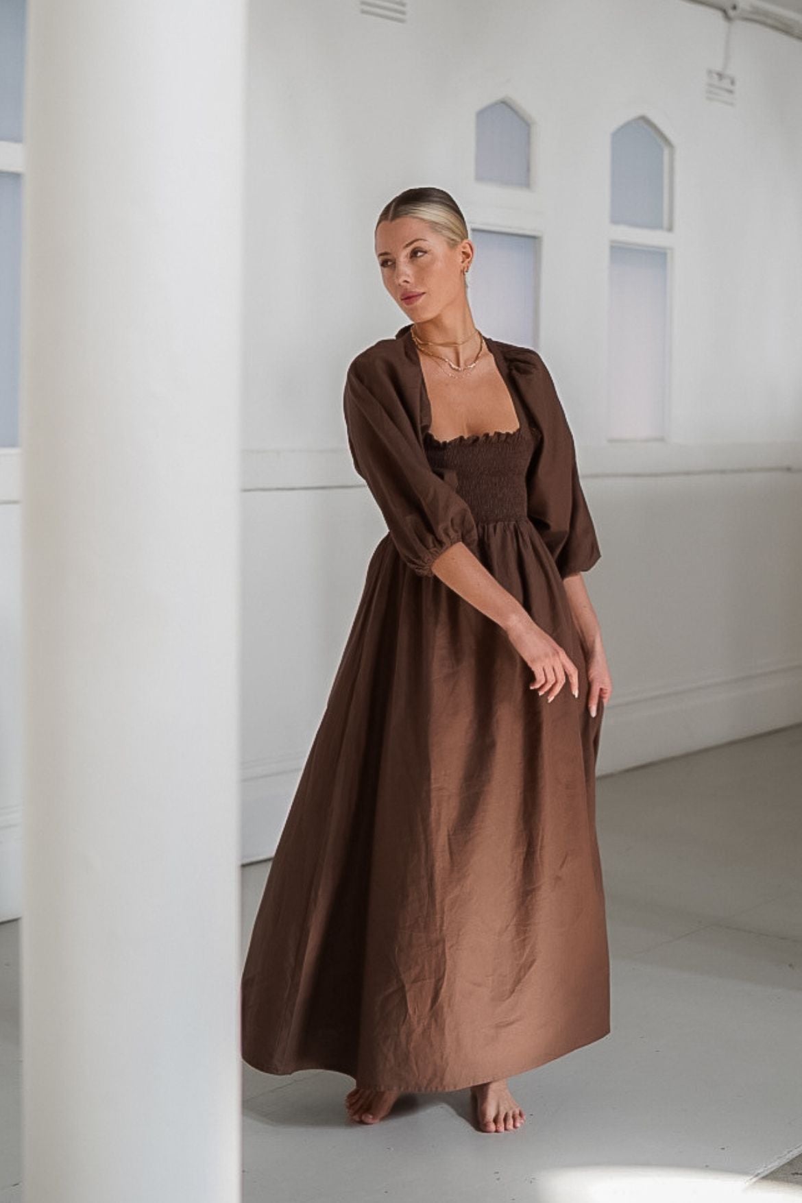 The Ease - Hale dress, chocolate linen maxi dress with back bow detail