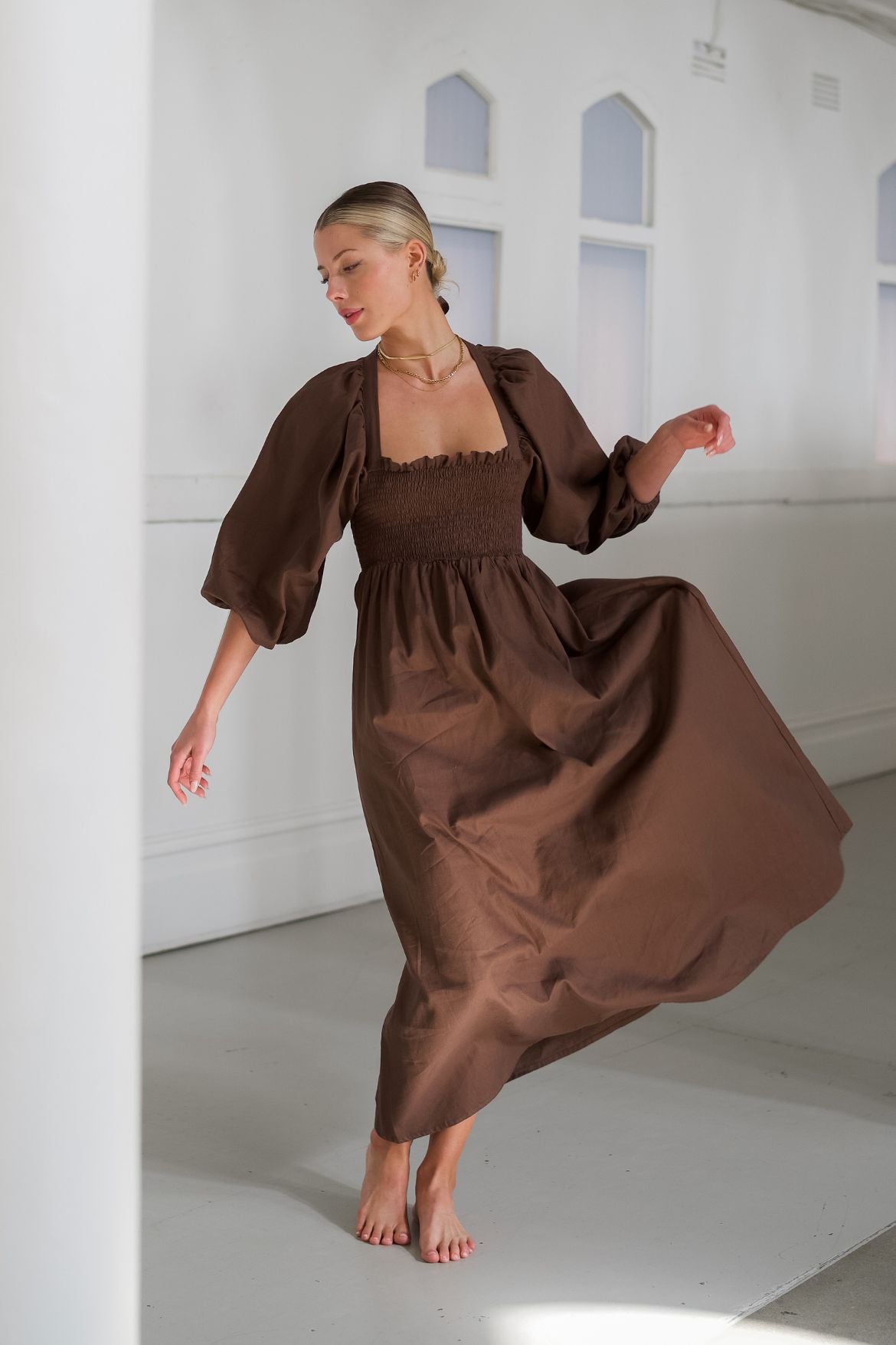The Ease - Hale dress, chocolate linen maxi dress with back bow detail