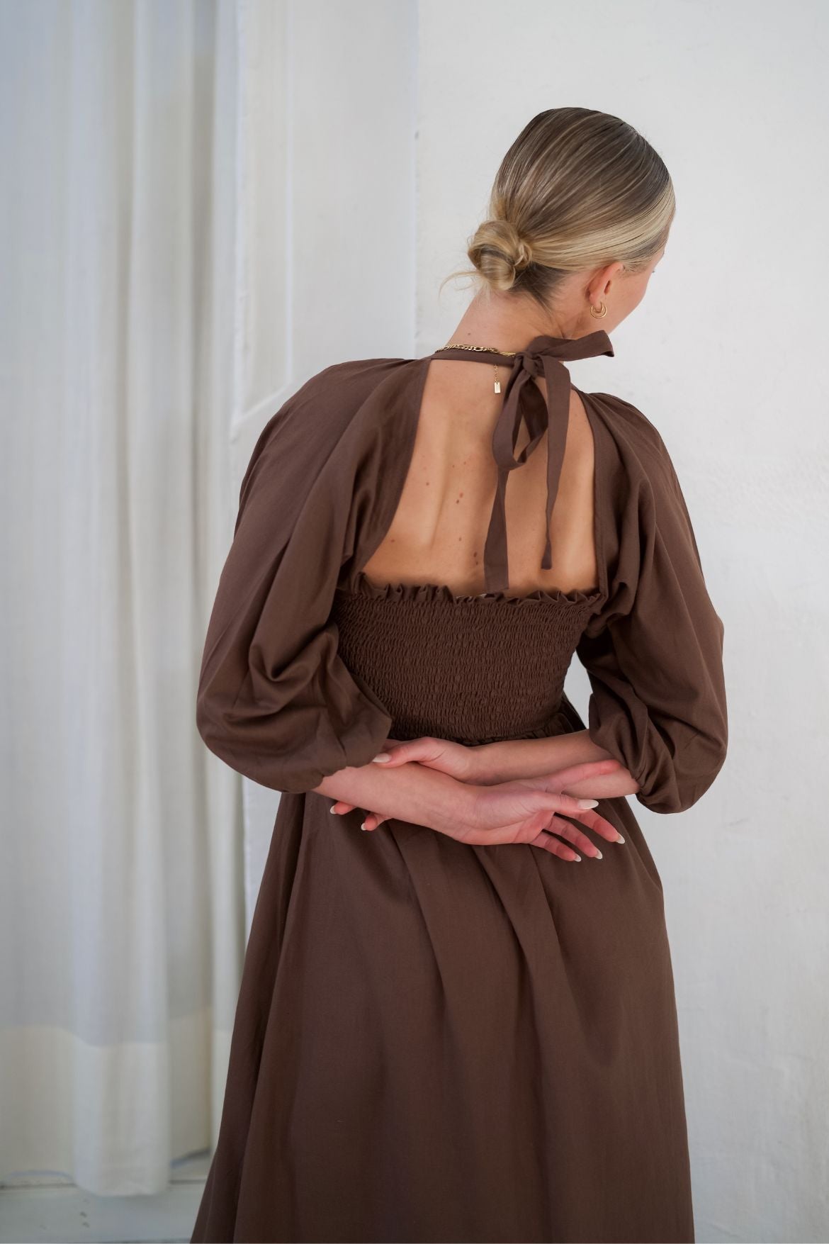 The Ease - Hale dress, chocolate linen maxi dress with back bow detail