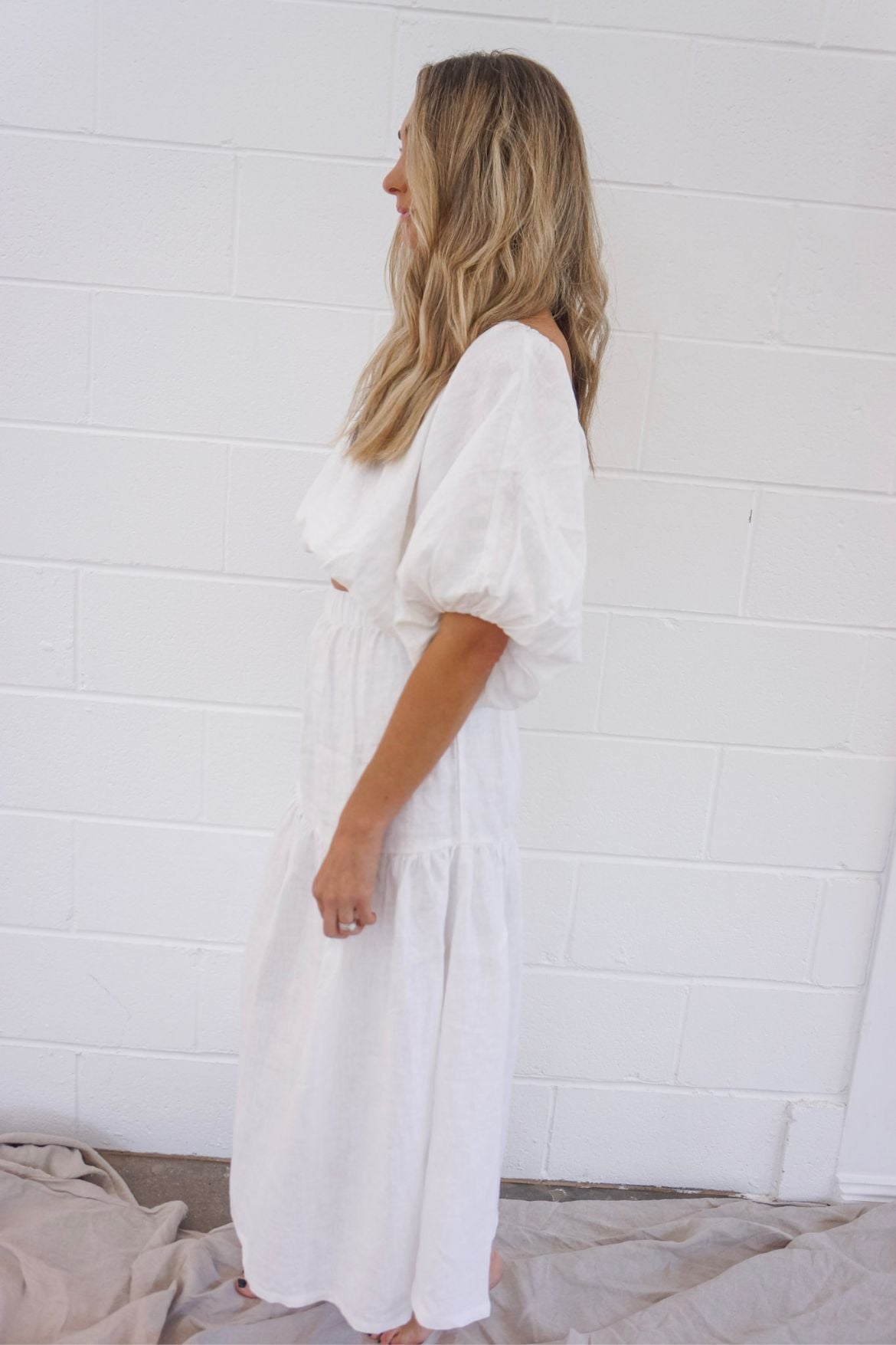 The Ease Label - Zephyr Skirt - Tiered Maxi Skirt in white linen