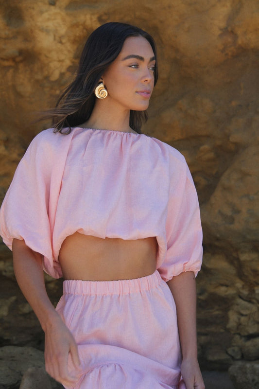 The Ease Kea Top peony pink, backless linen pastel pink top with tie