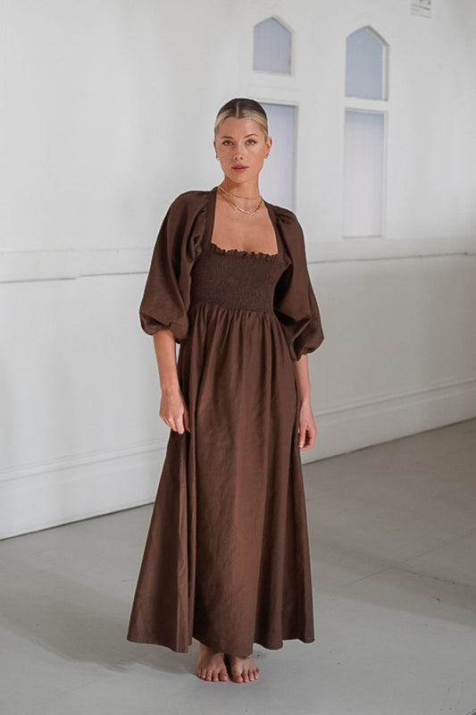 The Ease - Hale dress, chocolate linen maxi dress with back bow detail