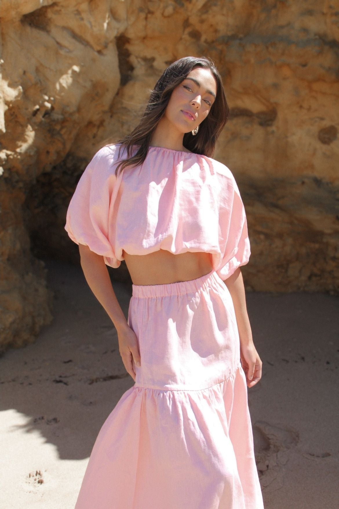 The Ease Zephyr skirt peony pink, linen tiered maxi skirt in soft pastel pink