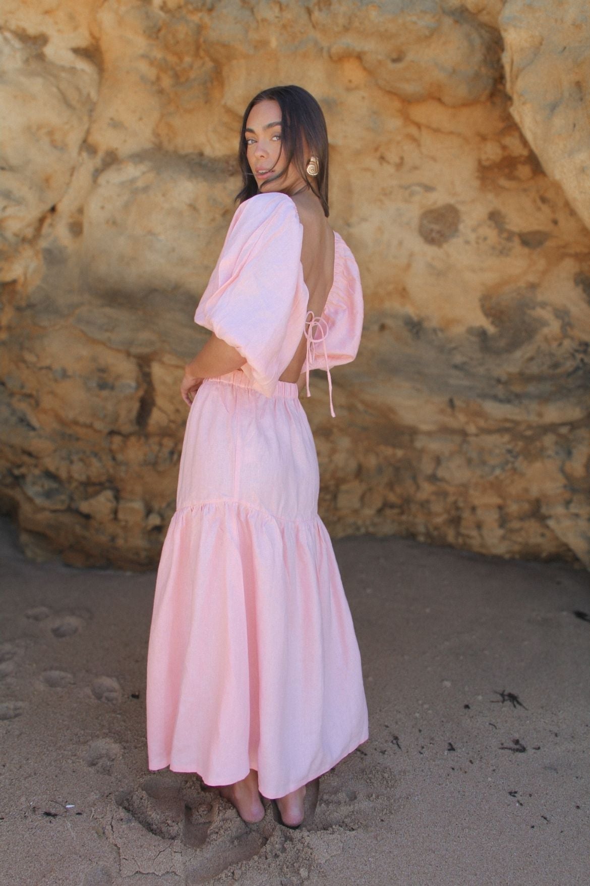 The Ease Zephyr skirt peony pink, linen tiered maxi skirt in soft pastel pink