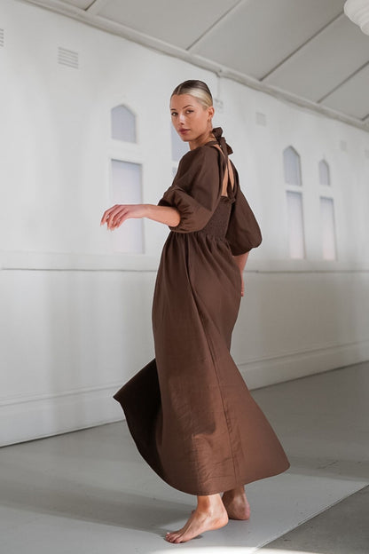 The Ease - Hale dress, chocolate linen maxi dress with back bow detail