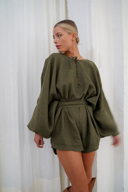 The Ease Keros Romper Olive - Linen olive coloured romper in batwing style with waist tie