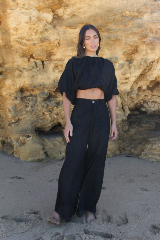 The Ease Wide Leg Linen Pant in Black