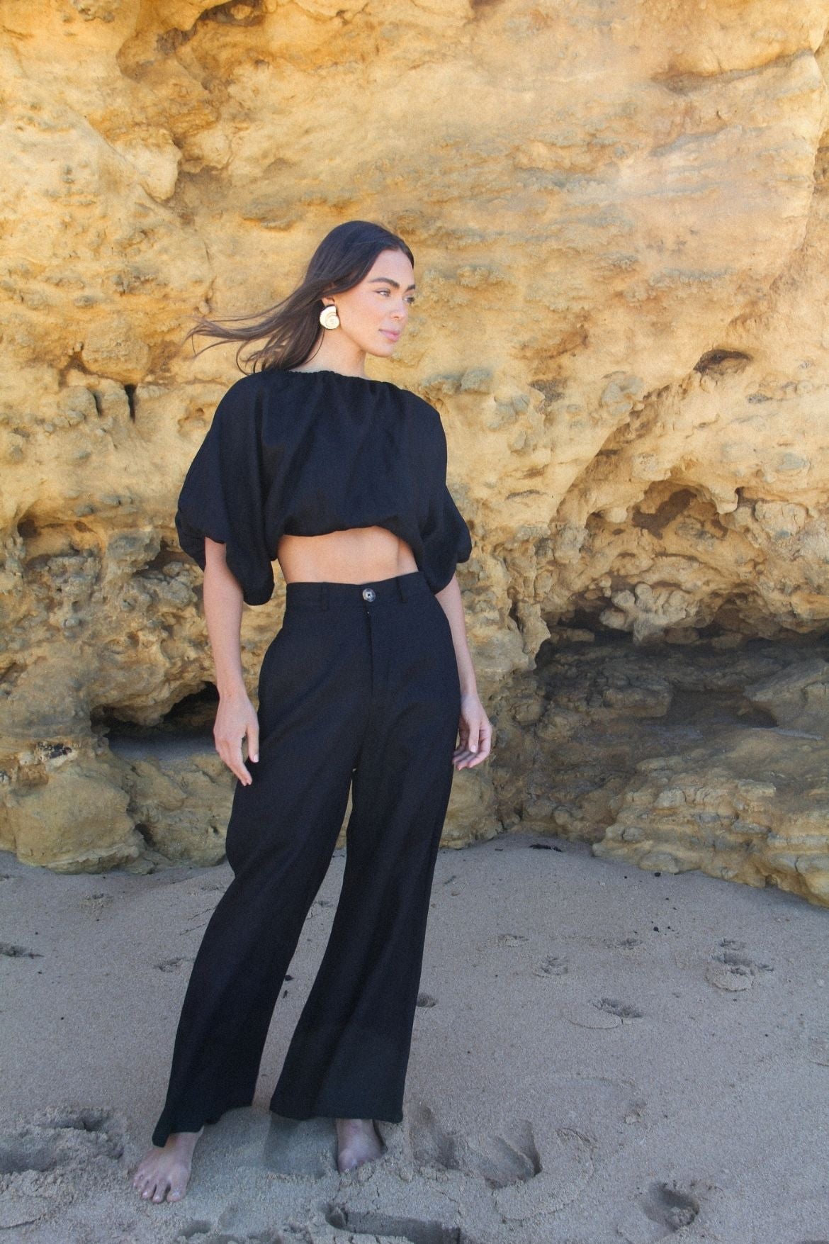 The Ease Kea Top black, backless linen top with tie