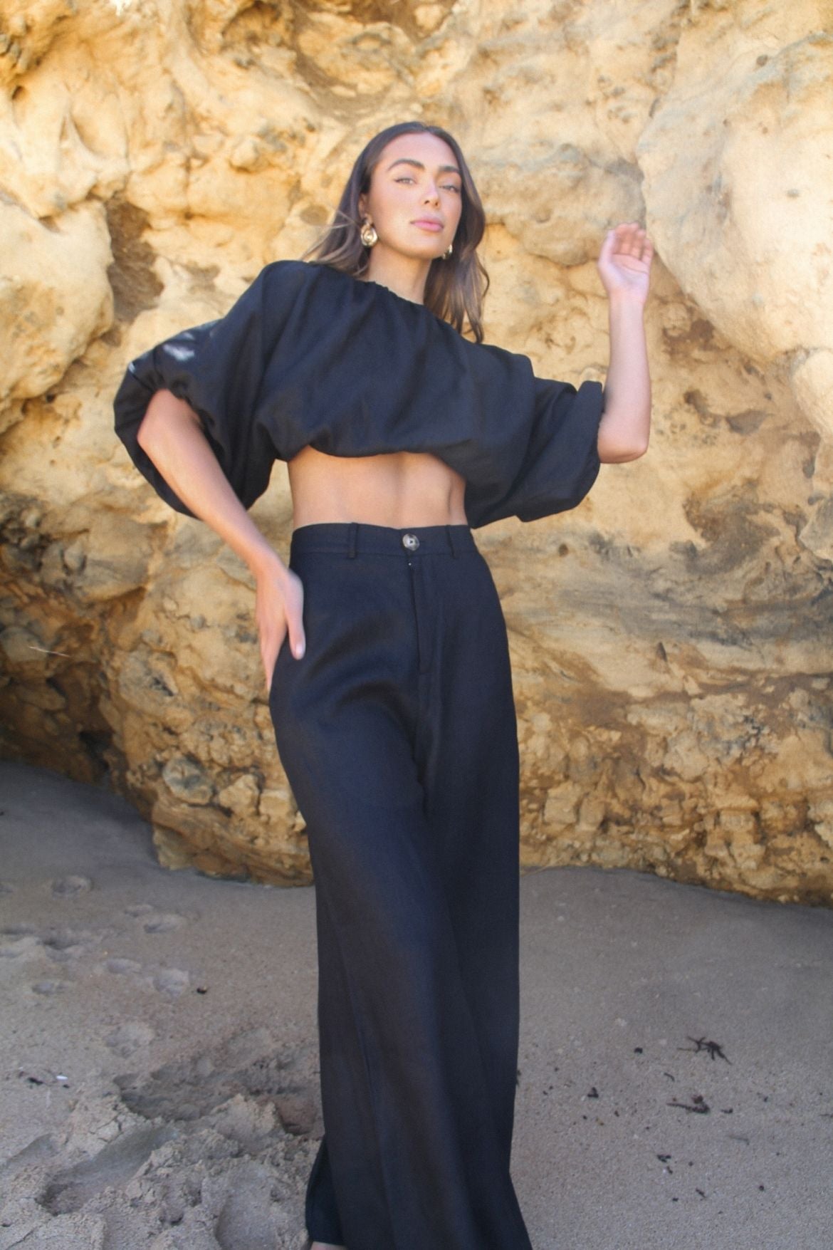 The Ease Kea Top black, backless linen top with tie