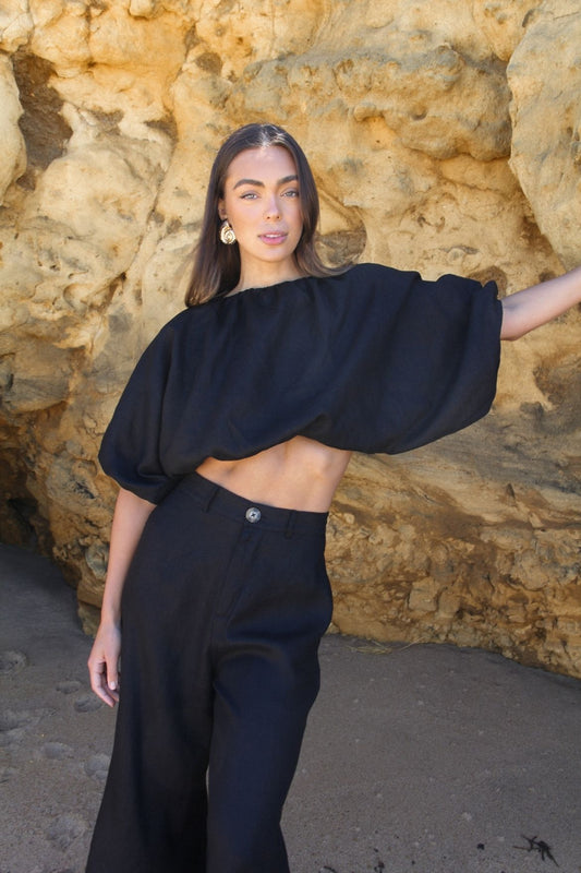 The Ease Kea Top black, backless linen top with tie