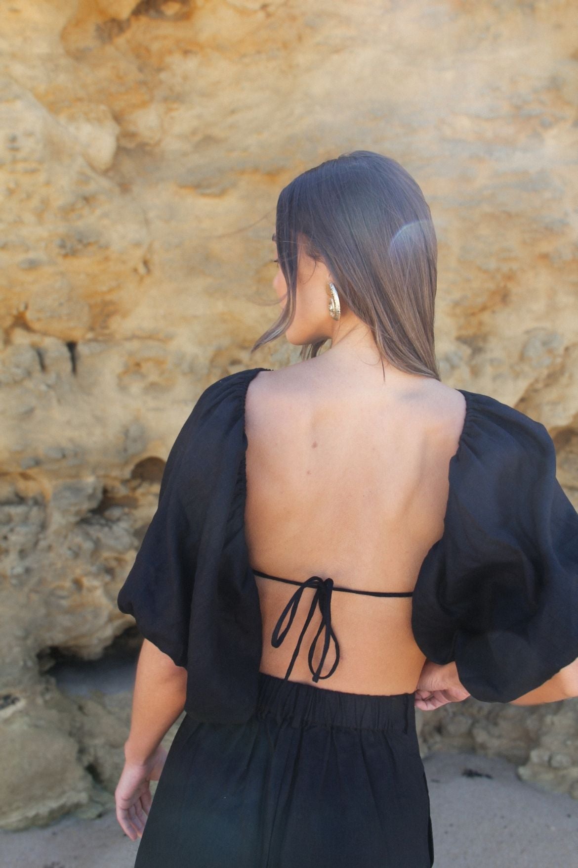 The Ease Kea Top black, backless linen top with tie