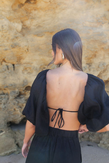The Ease Kea Top black, backless linen top with tie