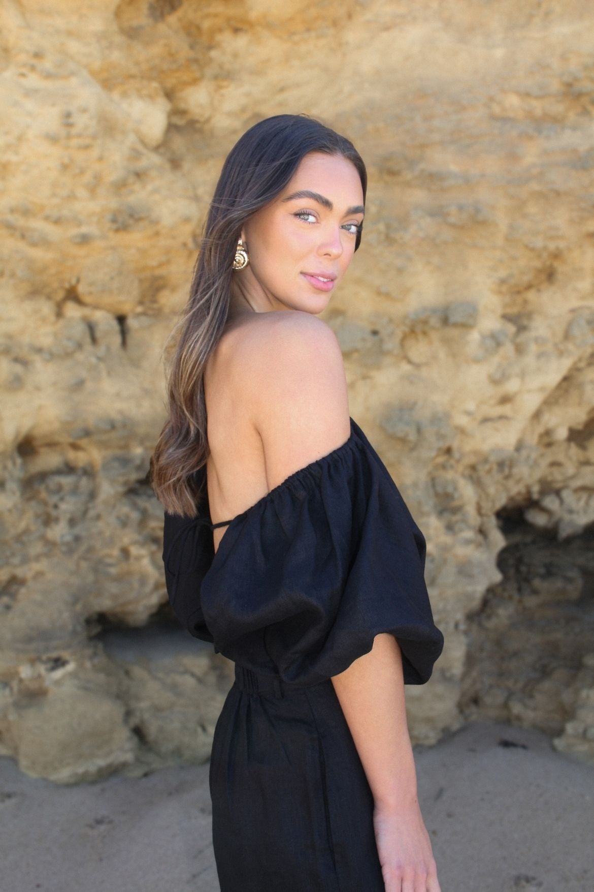 The Ease Kea Top black, backless linen top with tie