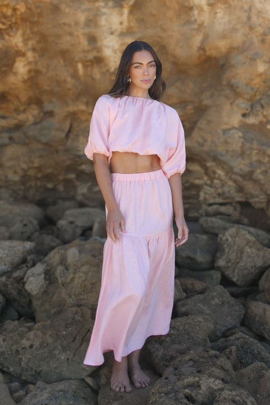 The Ease Zephyr skirt peony pink, linen tiered maxi skirt in soft pastel pink