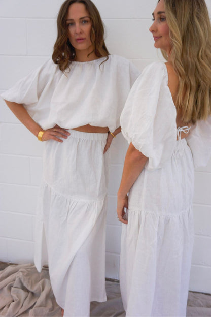 The Ease Label - Zephyr Skirt - Tiered Maxi Skirt in white linen