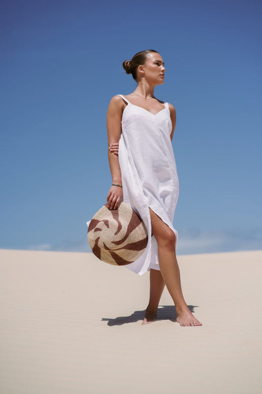 The Ease Imogen dress - Classic white linen shift dress with V neckline and leg splits