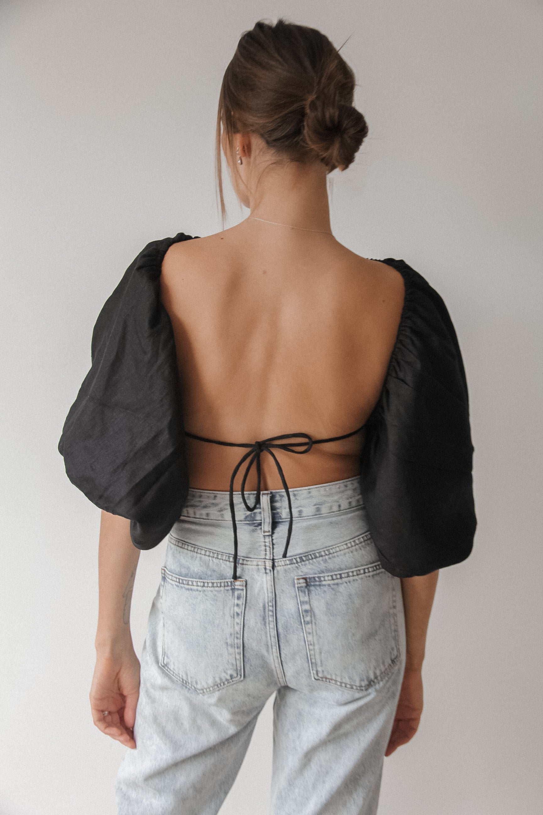 The Ease Kea Top black, backless linen top with tie